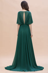 Gorgeous V-Neck Chiffon Ruffles Beading Bridesmaid Dress with Half Sleeves-27dress